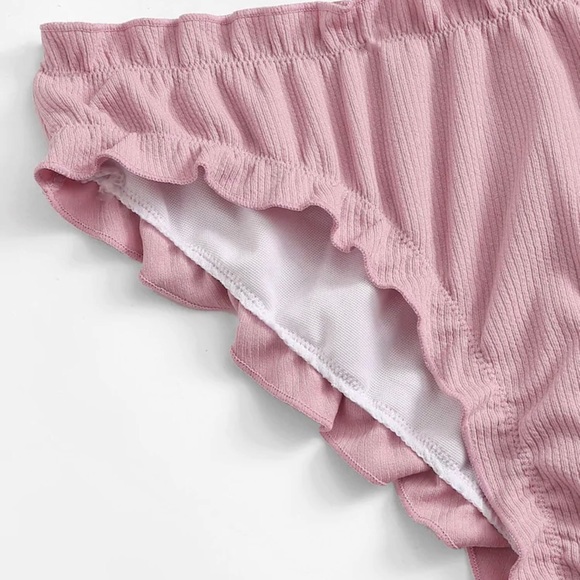 Pink Ribbed Ruffle Off Shoulder Cheeky Bikini - Picture 4 of 6